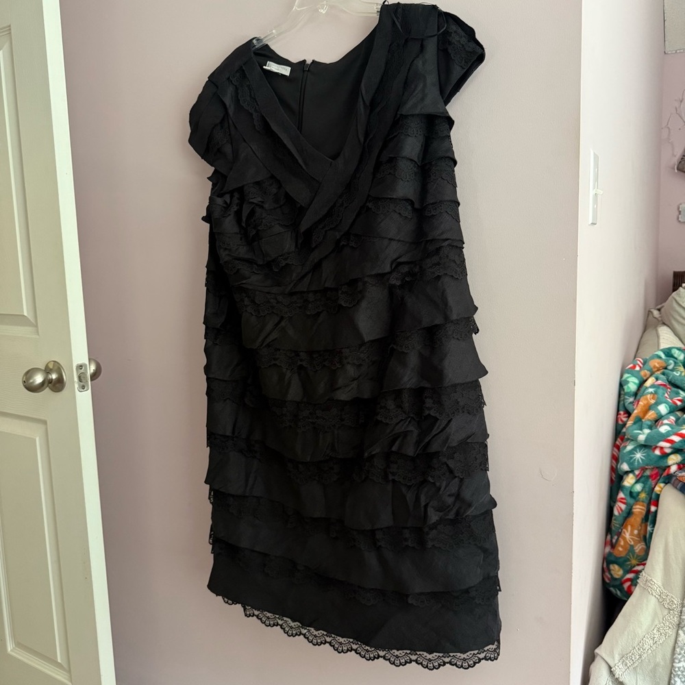 London Times Black Asymmetrical Ruffle Dress